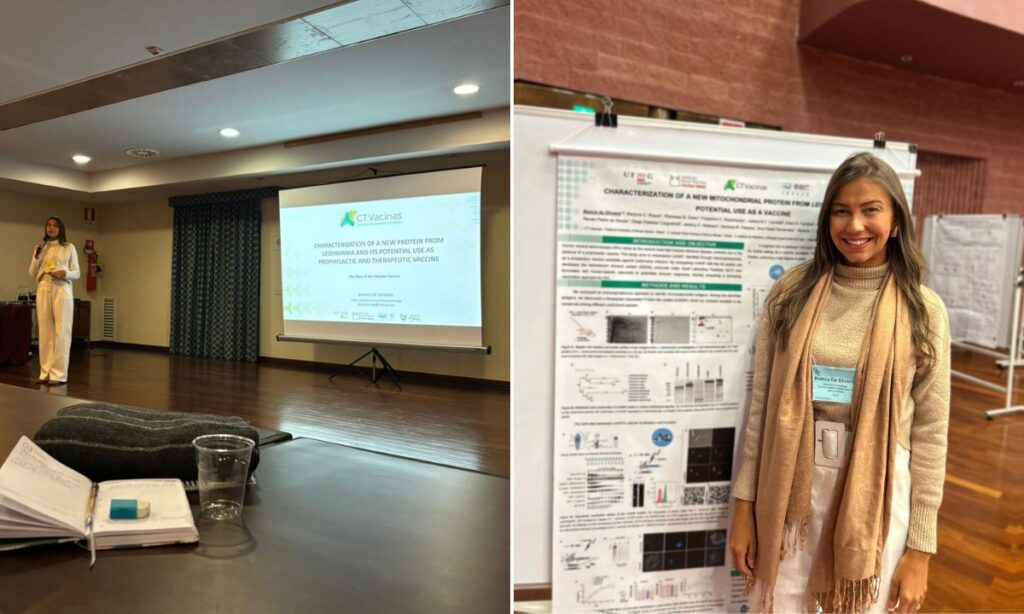 Montagem com a pesquisadora Bianca de Oliveira fazendo apresentação oral e de poster em conferência na Itália