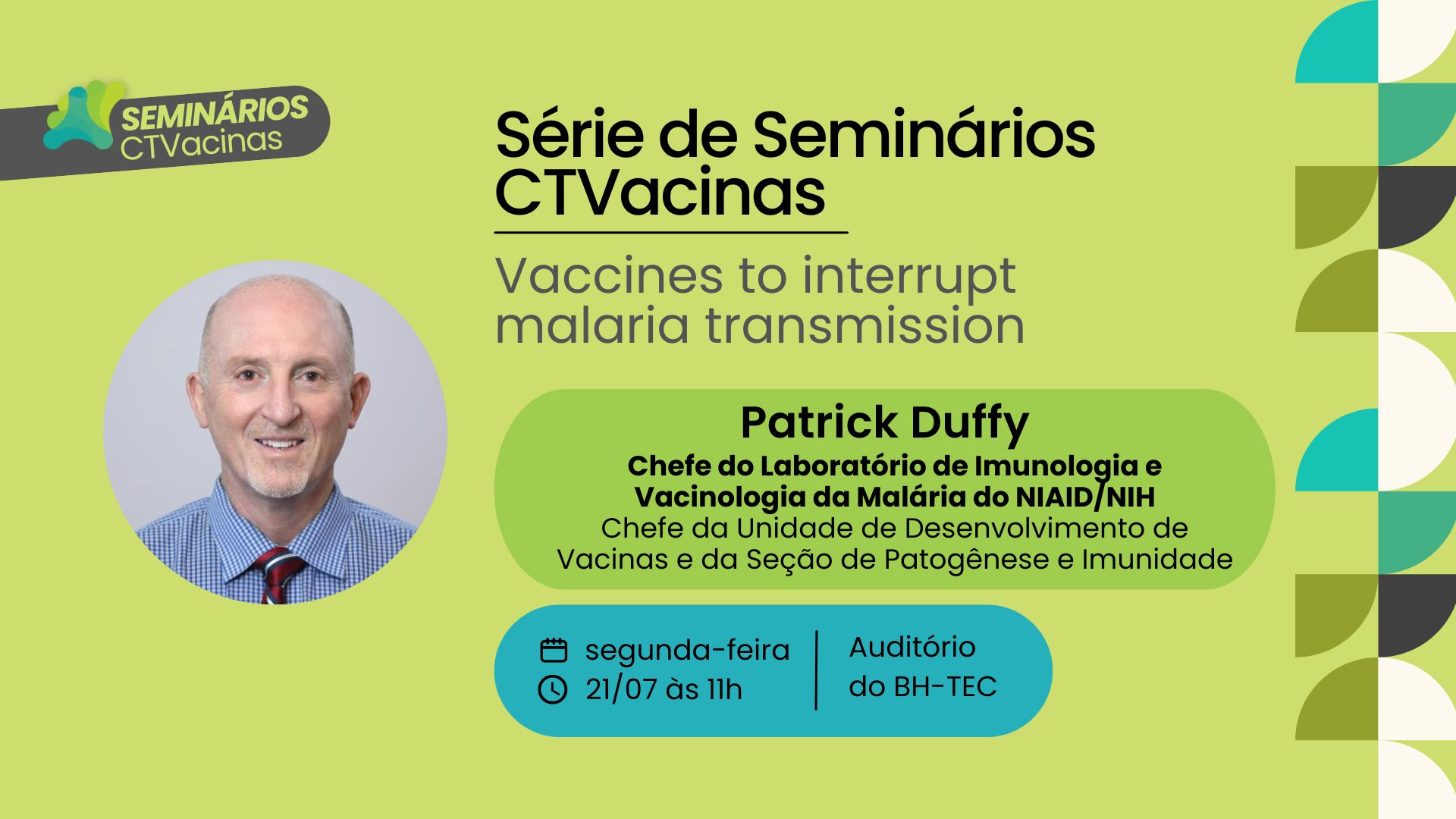 Arte para anunciar a palestra de Patrick Duffy